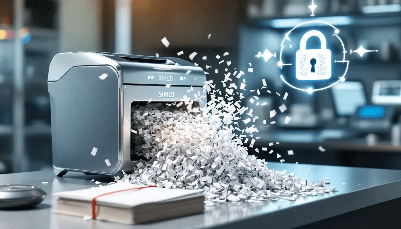 A professional shredding machine in action, securely disposing of confidential waste.
